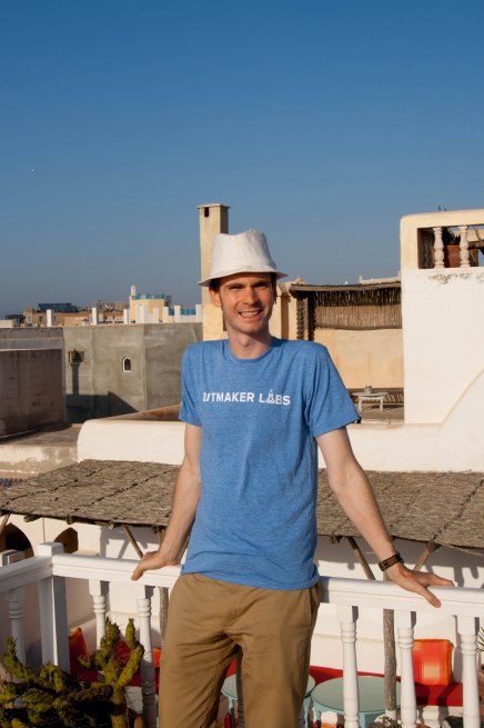Wearing my Bitmaker Labs t-shirt on the rooftops of Essaouira, Morocco